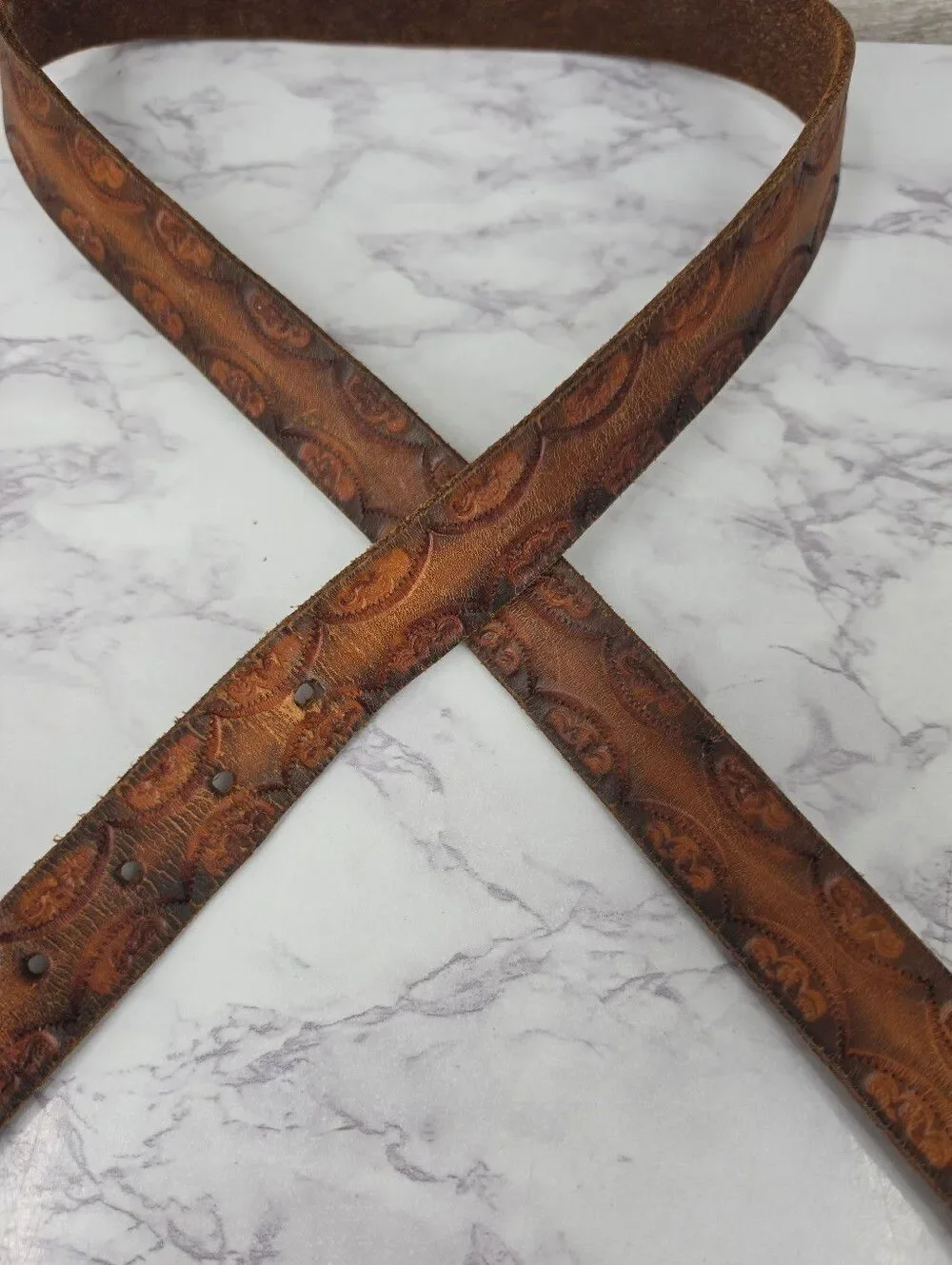 Vintage Tooled Brown Leather Belt with Silver Buckle VERY WORN